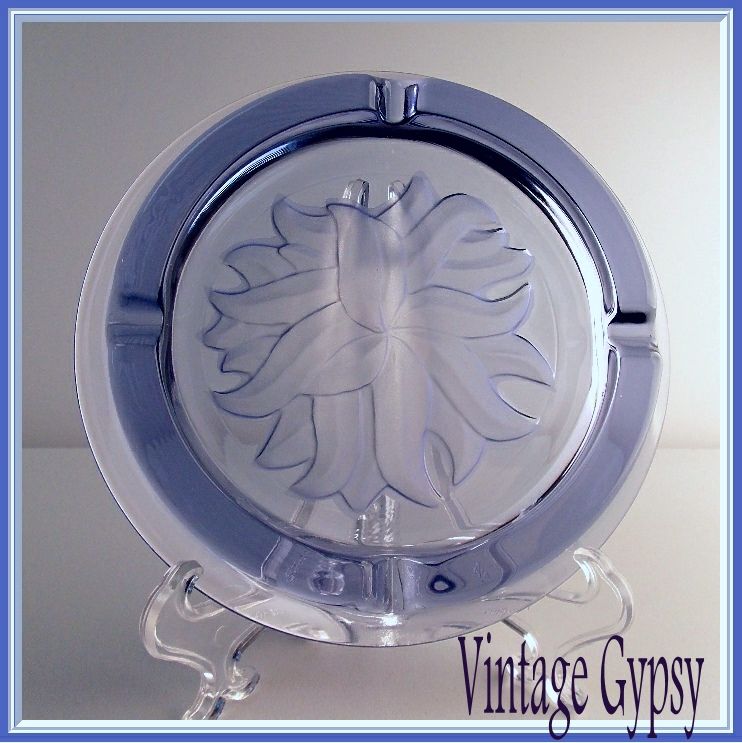 Vintage Lavender Glass Ashtray with Intaglio Cut Floral in Bottom Vintage Lavender Glass Ashtray with Intaglio Cut Floral in Bottom