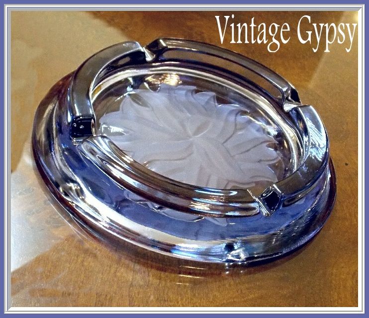 Vintage Lavender Glass Ashtray with Intaglio Cut Floral in Bottom Vintage Lavender Glass Ashtray with Intaglio Cut Floral in Bottom