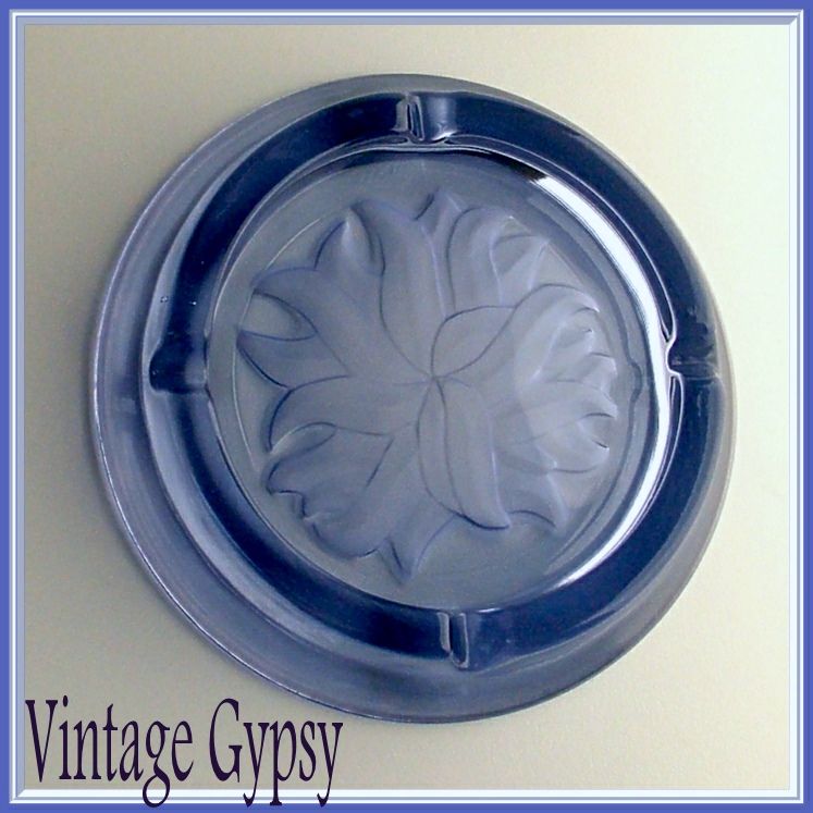 Vintage Lavender Glass Ashtray with Intaglio Cut Floral in Bottom Vintage Lavender Glass Ashtray with Intaglio Cut Floral in Bottom