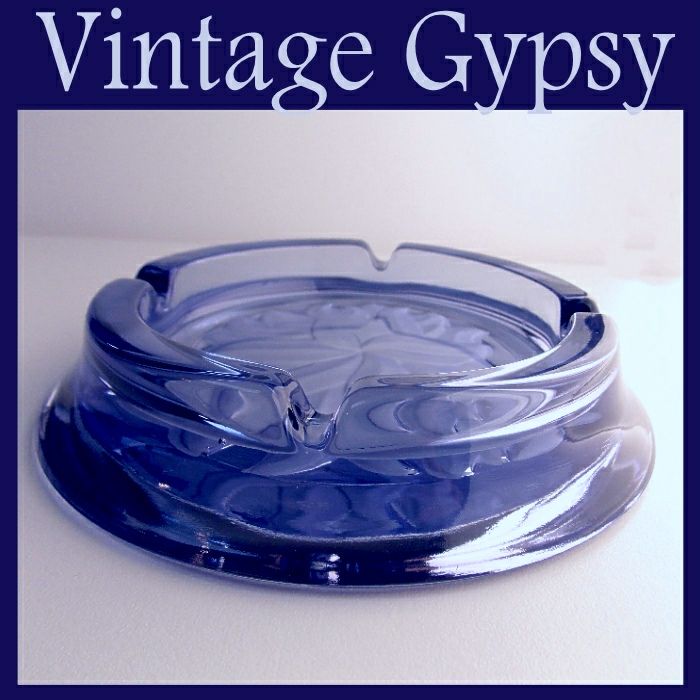 Vintage Lavender Glass Ashtray with Intaglio Cut Floral in Bottom Vintage Lavender Glass Ashtray with Intaglio Cut Floral in Bottom