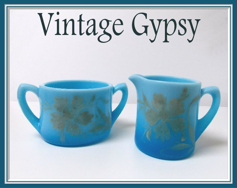 Vintage Blue Opaline Glass Cream & Sugar Set Vintage Blue Opaline Glass Cream & Sugar Set