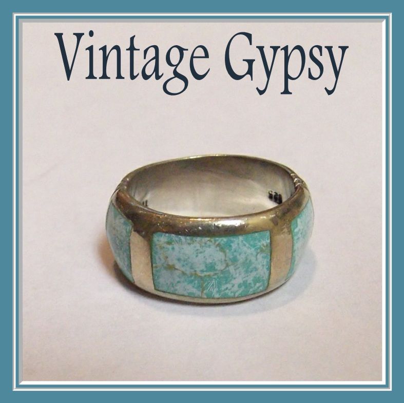 1970's Sterling Silver Inlaid with Stone Wide Band Ring 1970's Sterling Silver Inlaid with Stone Wide Band Ring
