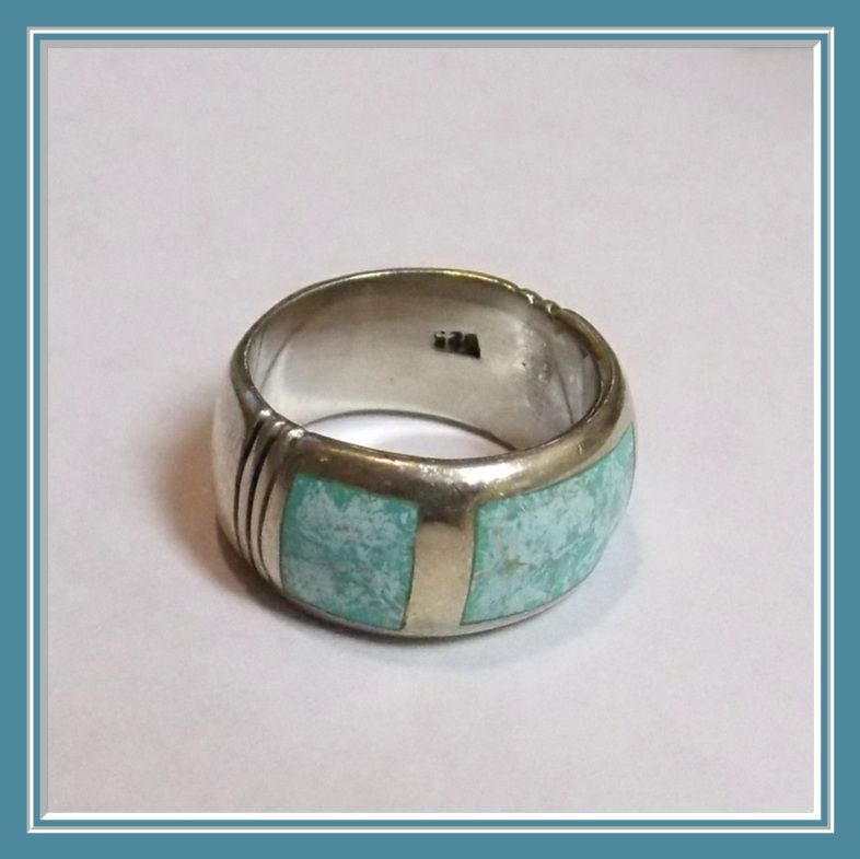 1970's Sterling Silver Inlaid with Stone Wide Band Ring 1970's Sterling Silver Inlaid with Stone Wide Band Ring