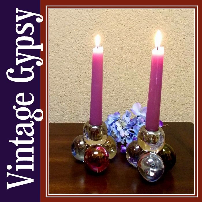 Westmoreland Three-Ball Set of Two Multi-Colored Candle Holders Westmoreland Three-Ball Set of Two Multi-Colored Candle Holders