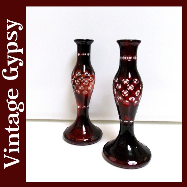 Vintage Bohemian Glass Cut to Clear Blood Red Set of Candle Holders Bud Vases Vintage Bohemian Glass Cut to Clear Blood Red Set of Candle Holders Bud Vases