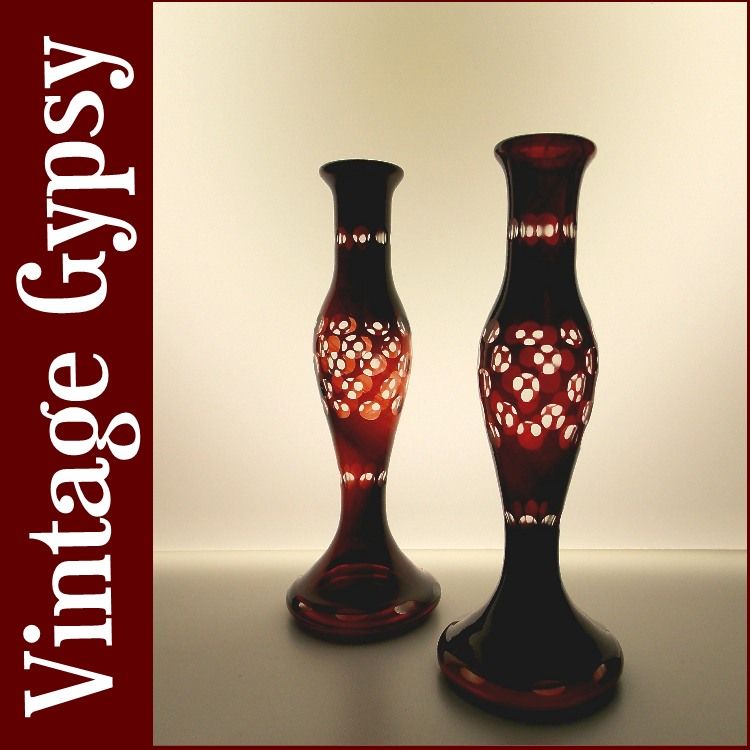 Vintage Bohemian Glass Cut to Clear Blood Red Set of Candle Holders Bud Vases Vintage Bohemian Glass Cut to Clear Blood Red Set of Candle Holders Bud Vases