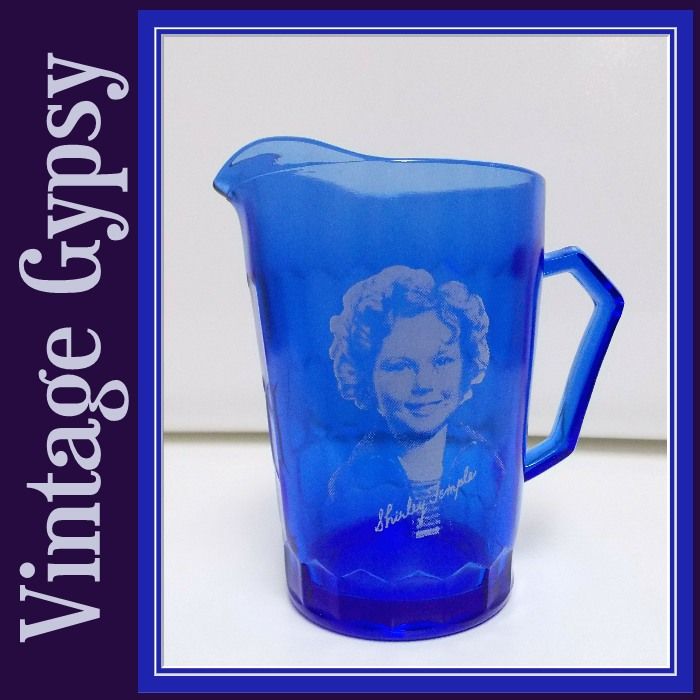 Hazel Atlas Milk Pitcher Cobalt with Shirley Temple on Front, c. 1930's Hazel Atlas Milk Pitcher Cobalt with Shirley Temple on Front, c. 1930's