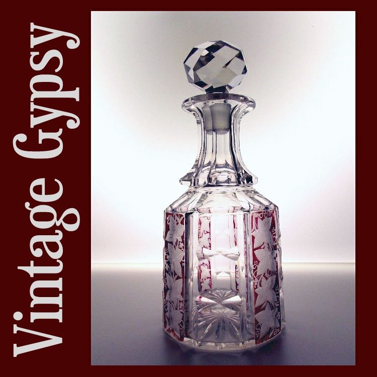 Bohemian Cut Glass Decanter Etched with Grape Leaves& Wine Flashing Bohemian Cut Glass Decanter Etched with Grape Leaves& Wine Flashing