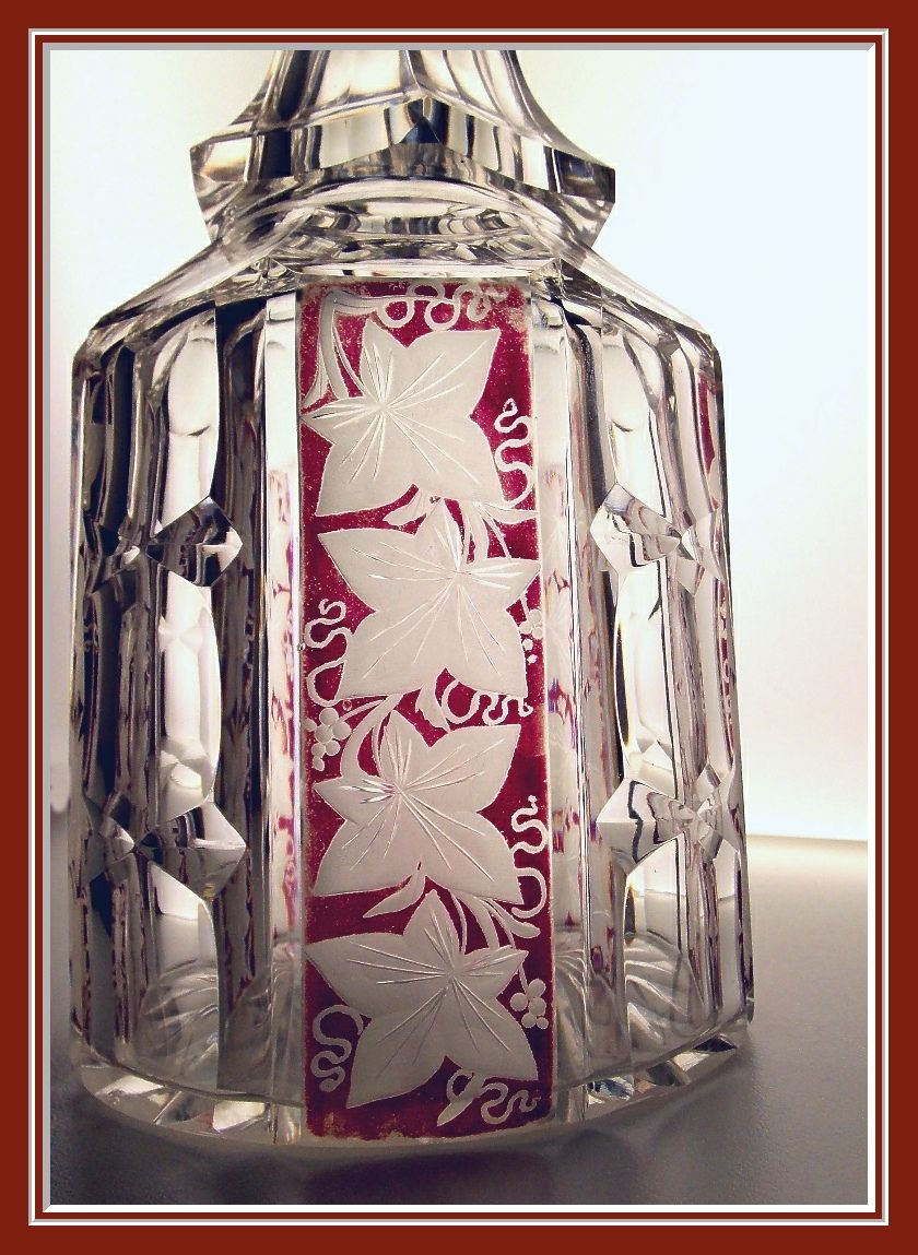 Bohemian Cut Glass Decanter Etched with Grape Leaves& Wine Flashing Bohemian Cut Glass Decanter Etched with Grape Leaves& Wine Flashing