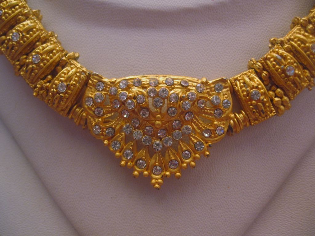 Brass and Clear Rhinestone Three Piece Parure from India Brass and Clear Rhinestone Three Piece Parure from India