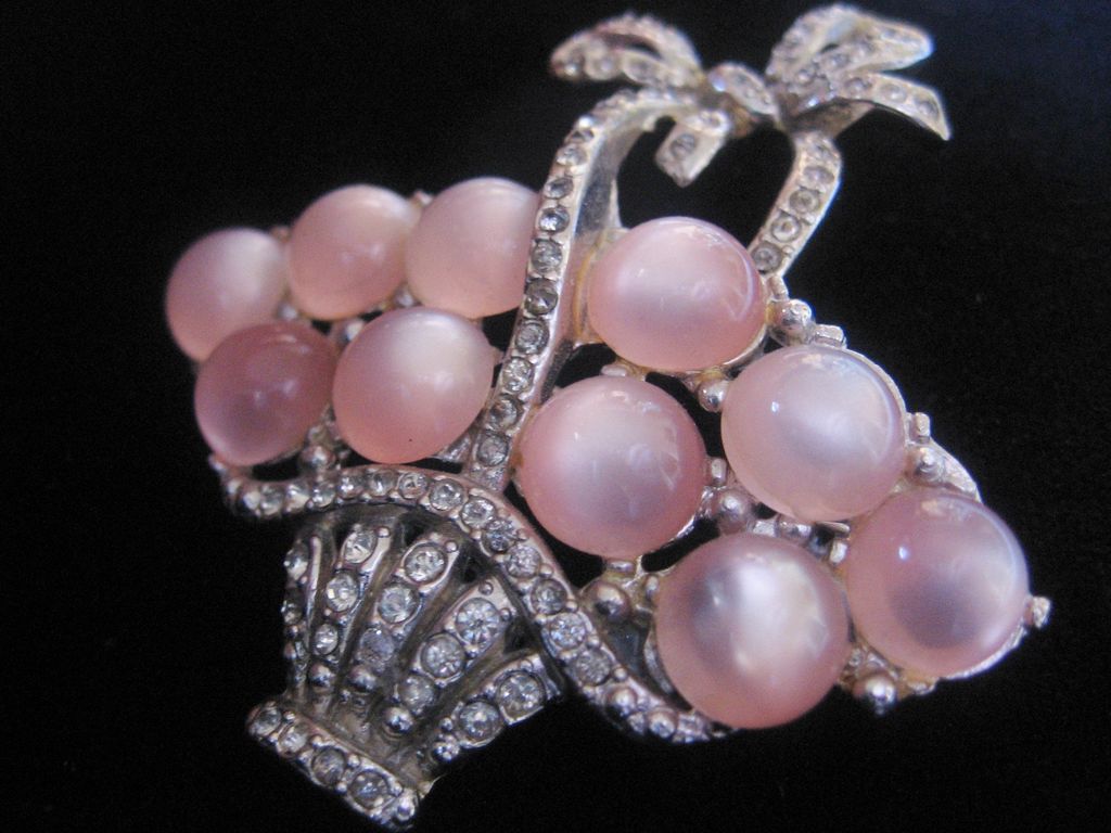 Vintage Coro Pink Moonstone Cab Flower Basket-Pin Pegasus Mark Vintage Coro Pink Moonstone Cab Flower Basket-Pin Pegasus Mark