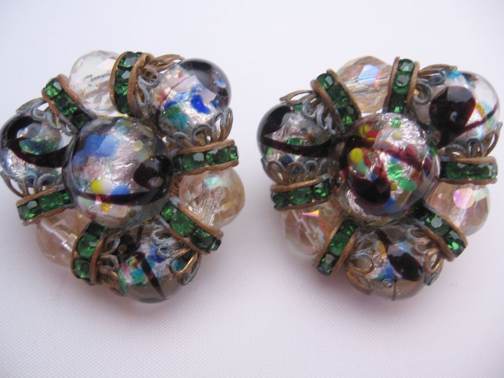 Vintage Hobe Art Glass and Rhinestone Earrings Vintage Hobe Art Glass and Rhinestone Earrings
