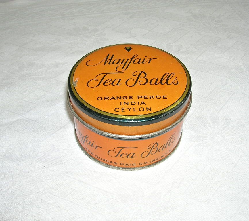 Vintage Advertising Mayfair Tea Balls Tin Container Dated Sep 20 1932 Vintage Advertising Mayfair Tea Balls Tin Container Dated Sep 20 1932