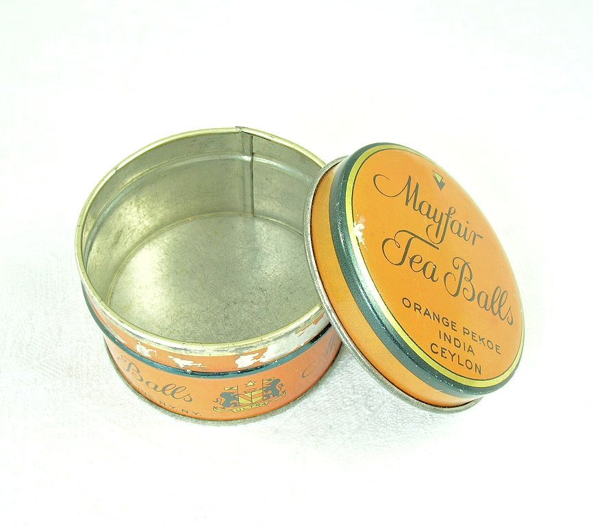 Vintage Advertising Mayfair Tea Balls Tin Container Dated Sep 20 1932 Vintage Advertising Mayfair Tea Balls Tin Container Dated Sep 20 1932