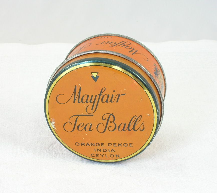 Vintage Advertising Mayfair Tea Balls Tin Container Dated Sep 20 1932 Vintage Advertising Mayfair Tea Balls Tin Container Dated Sep 20 1932