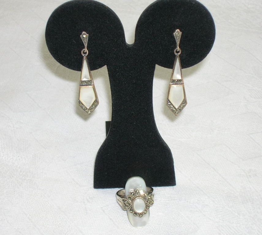 Elegant Art Deco Mother of Pearl Marcasite Sterling Silver Demi Parure Ring Dangle Earrings Elegant Art Deco Mother of Pearl Marcasite Sterling Silver Demi Parure Ring Dangle Earrings