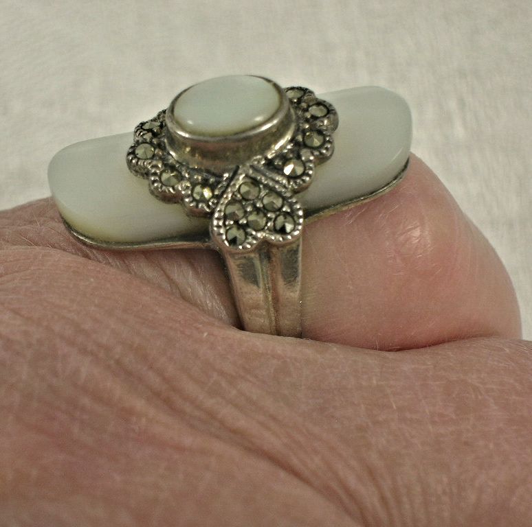 Elegant Art Deco Mother of Pearl Marcasite Sterling Silver Demi Parure Ring Dangle Earrings Elegant Art Deco Mother of Pearl Marcasite Sterling Silver Demi Parure Ring Dangle Earrings