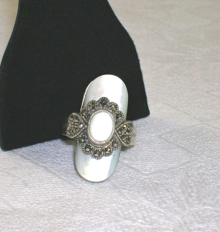 Elegant Art Deco Mother of Pearl Marcasite Sterling Silver Demi Parure Ring Dangle Earrings Elegant Art Deco Mother of Pearl Marcasite Sterling Silver Demi Parure Ring Dangle Earrings