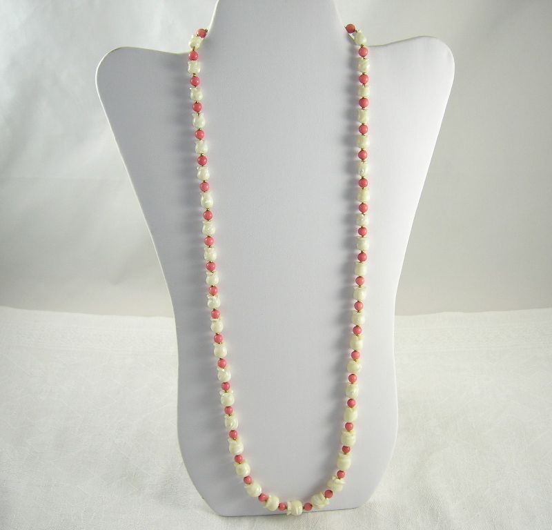 Long MOP Single Strand Necklace Pink Glass & Gold Tone Beads Long MOP Single Strand Necklace Pink Glass & Gold Tone Beads