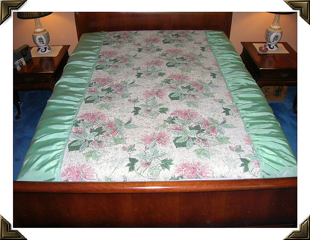 Delightful Vintage Barkcloth & Satin Twin Bedspread Delightful Vintage Barkcloth & Satin Twin Bedspread