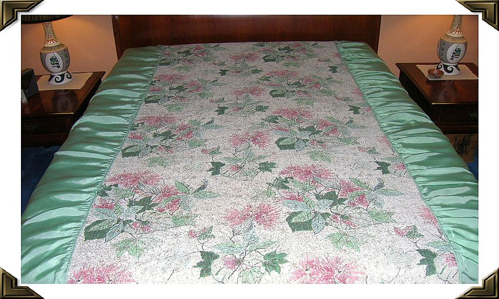 Delightful Vintage Barkcloth & Satin Twin Bedspread Delightful Vintage Barkcloth & Satin Twin Bedspread