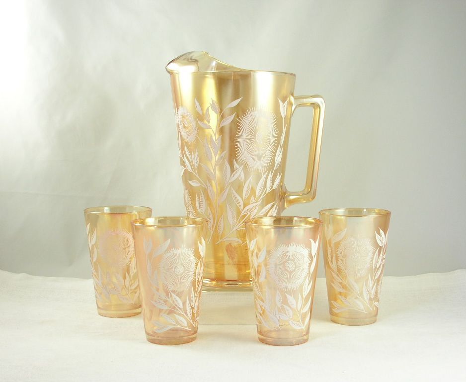 Jeannette Glass Pitcher Tumblers/Glasses Set Marigold White Enameled Cosmos Pattern Jeannette Glass Pitcher Tumblers/Glasses Set Marigold White Enameled Cosmos Pattern