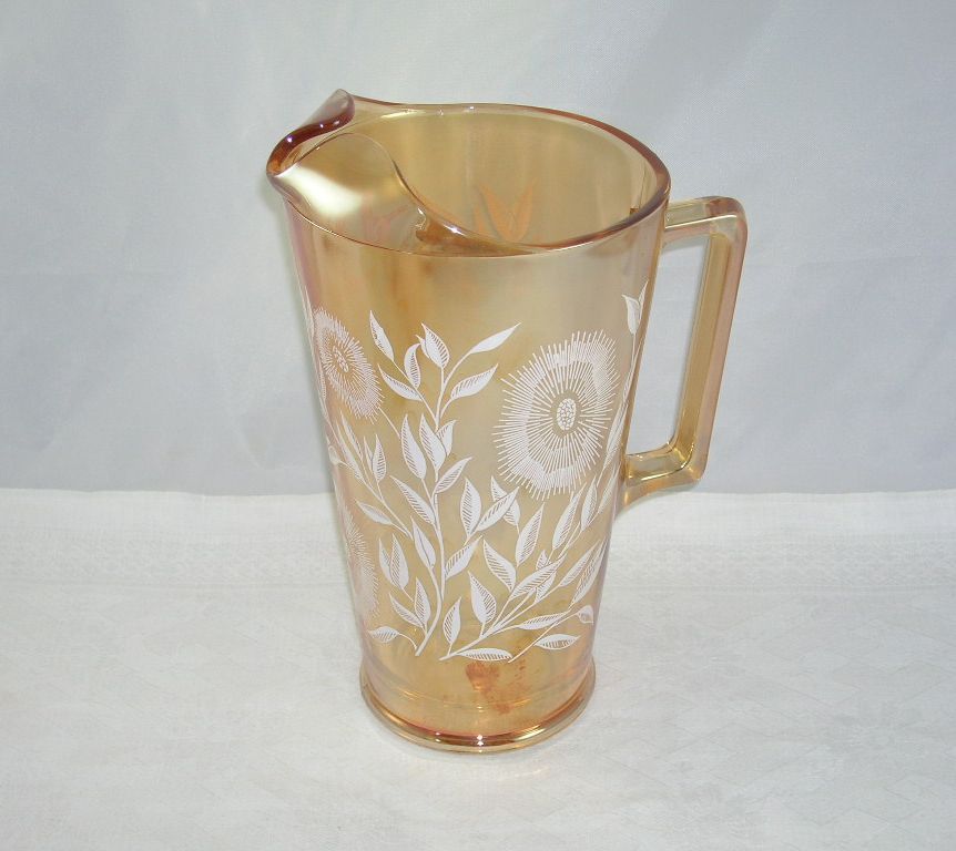 Jeannette Glass Pitcher Tumblers/Glasses Set Marigold White Enameled Cosmos Pattern Jeannette Glass Pitcher Tumblers/Glasses Set Marigold White Enameled Cosmos Pattern