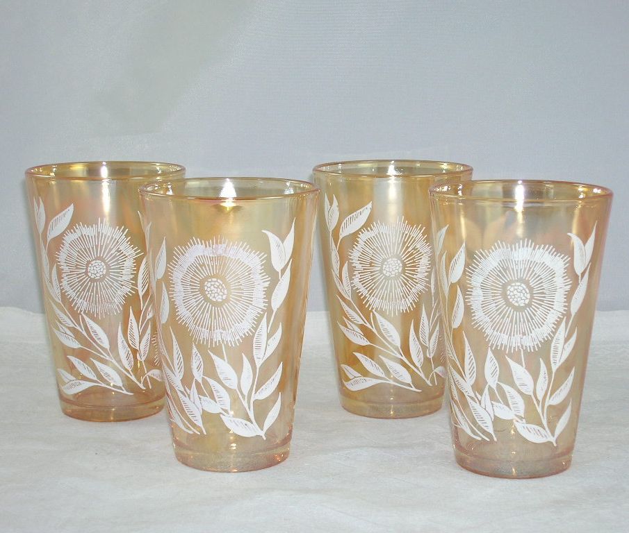 Jeannette Glass Pitcher Tumblers/Glasses Set Marigold White Enameled Cosmos Pattern Jeannette Glass Pitcher Tumblers/Glasses Set Marigold White Enameled Cosmos Pattern