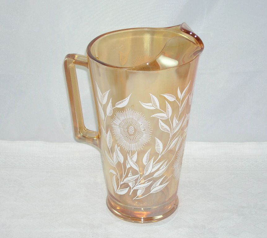 Jeannette Glass Pitcher Tumblers/Glasses Set Marigold White Enameled Cosmos Pattern Jeannette Glass Pitcher Tumblers/Glasses Set Marigold White Enameled Cosmos Pattern