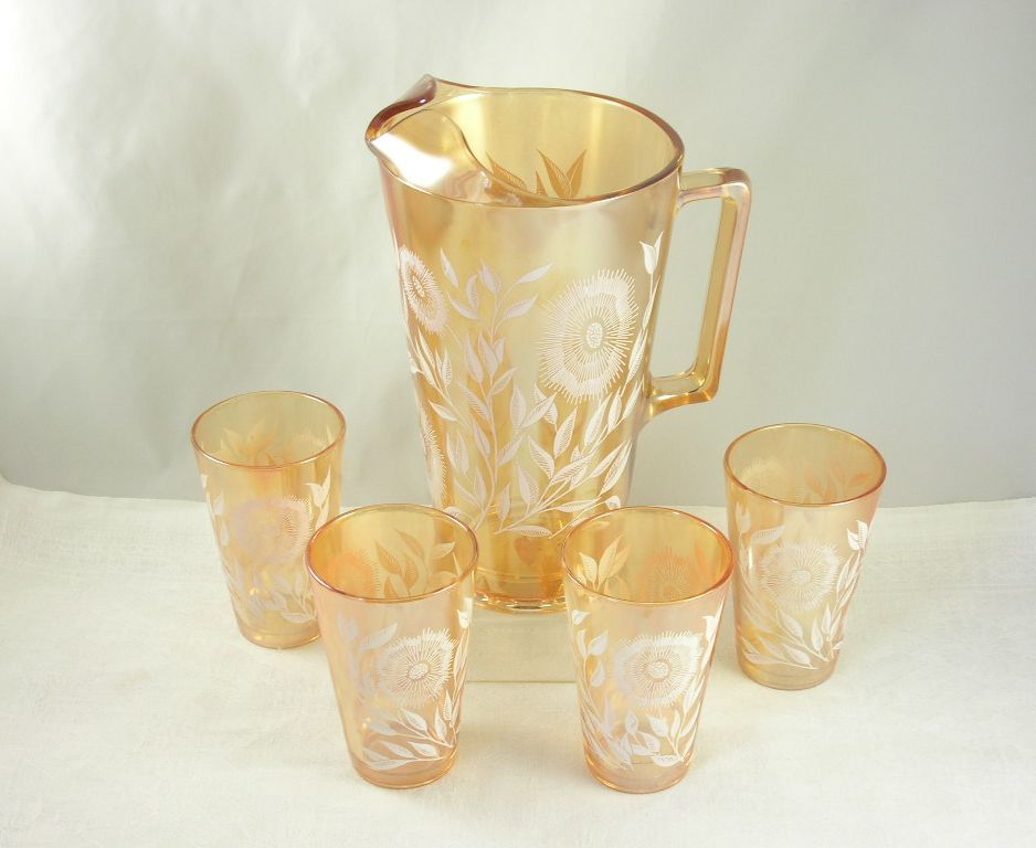 Jeannette Glass Pitcher Tumblers/Glasses Set Marigold White Enameled Cosmos Pattern Jeannette Glass Pitcher Tumblers/Glasses Set Marigold White Enameled Cosmos Pattern