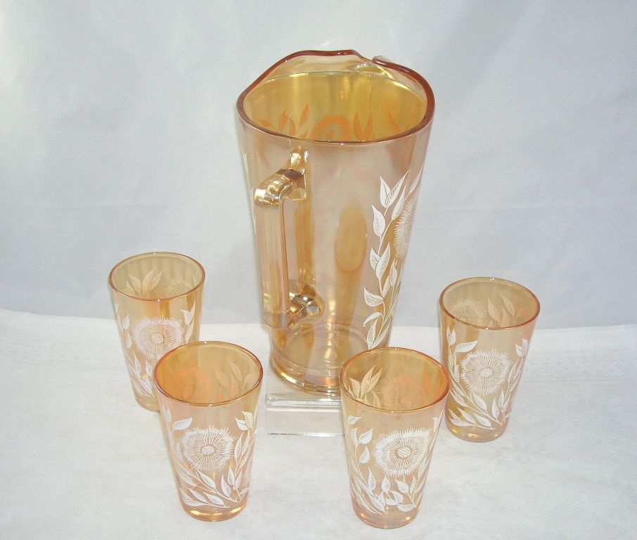 Jeannette Glass Pitcher Tumblers/Glasses Set Marigold White Enameled Cosmos Pattern Jeannette Glass Pitcher Tumblers/Glasses Set Marigold White Enameled Cosmos Pattern