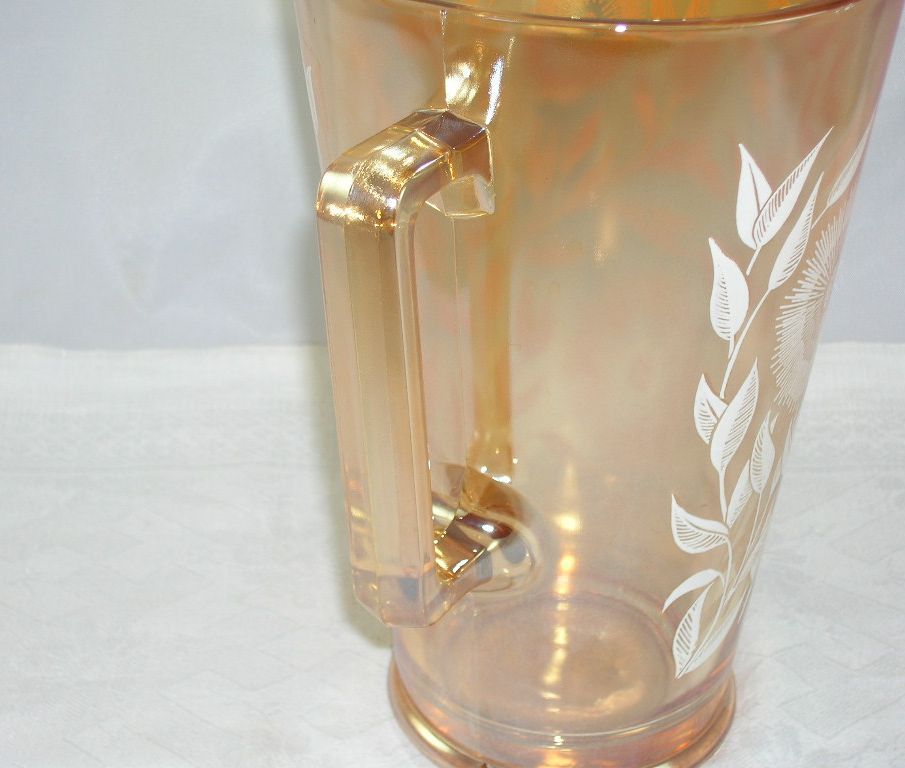 Jeannette Glass Pitcher Tumblers/Glasses Set Marigold White Enameled Cosmos Pattern Jeannette Glass Pitcher Tumblers/Glasses Set Marigold White Enameled Cosmos Pattern