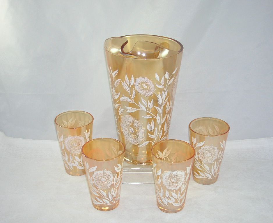Jeannette Glass Pitcher Tumblers/Glasses Set Marigold White Enameled Cosmos Pattern Jeannette Glass Pitcher Tumblers/Glasses Set Marigold White Enameled Cosmos Pattern