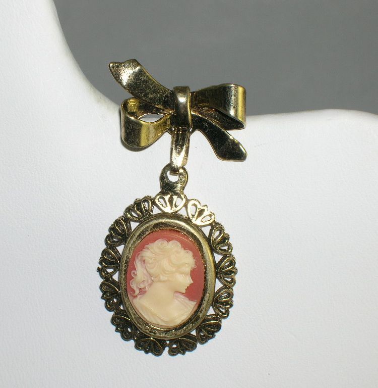 Vintage NOS Dangle Cameo Brooch Metal Ribbon Bow Vintage NOS Dangle Cameo Brooch Metal Ribbon Bow