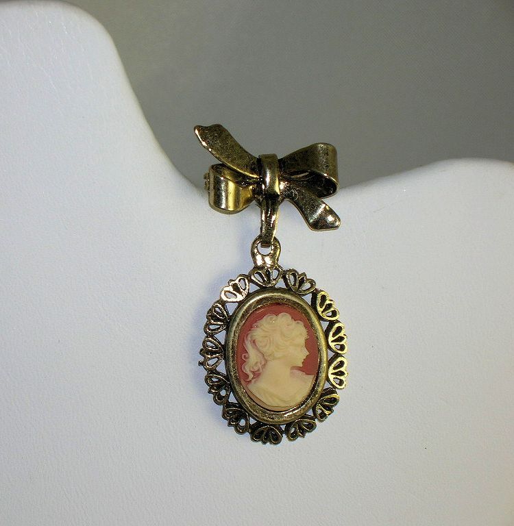 Vintage NOS Dangle Cameo Brooch Metal Ribbon Bow Vintage NOS Dangle Cameo Brooch Metal Ribbon Bow