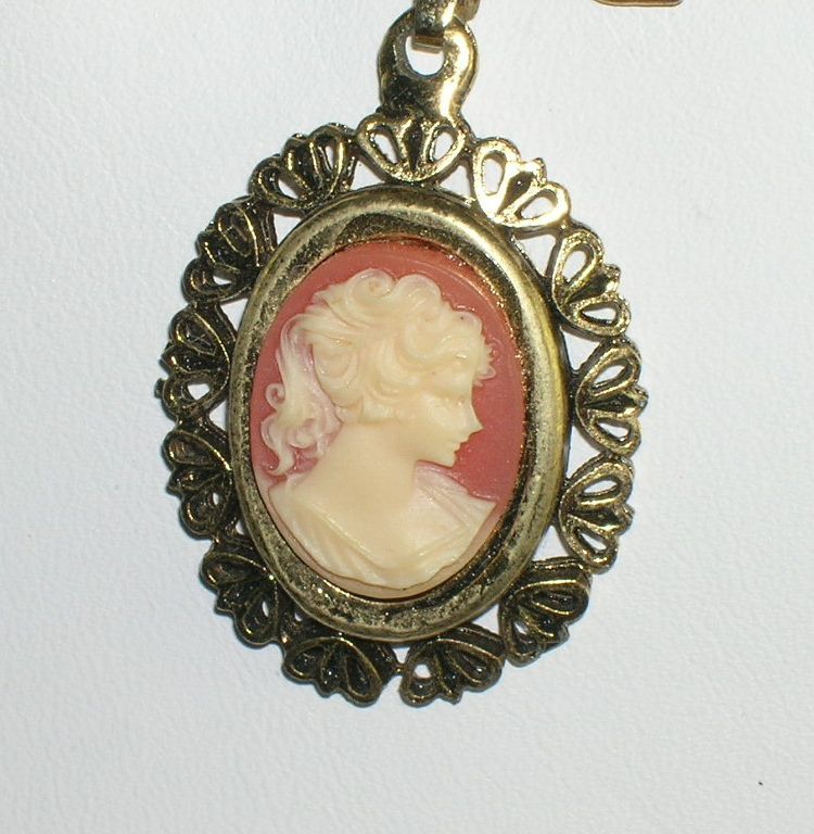 Vintage NOS Dangle Cameo Brooch Metal Ribbon Bow Vintage NOS Dangle Cameo Brooch Metal Ribbon Bow