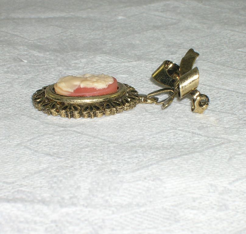 Vintage NOS Dangle Cameo Brooch Metal Ribbon Bow Vintage NOS Dangle Cameo Brooch Metal Ribbon Bow