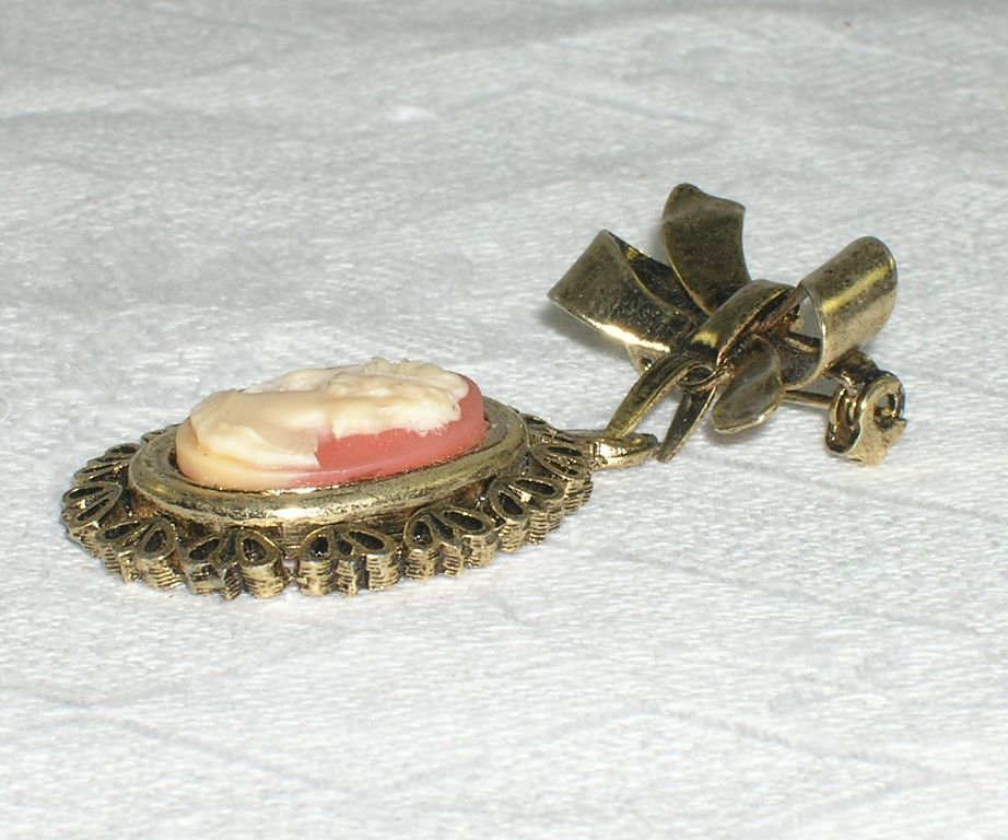 Vintage NOS Dangle Cameo Brooch Metal Ribbon Bow Vintage NOS Dangle Cameo Brooch Metal Ribbon Bow