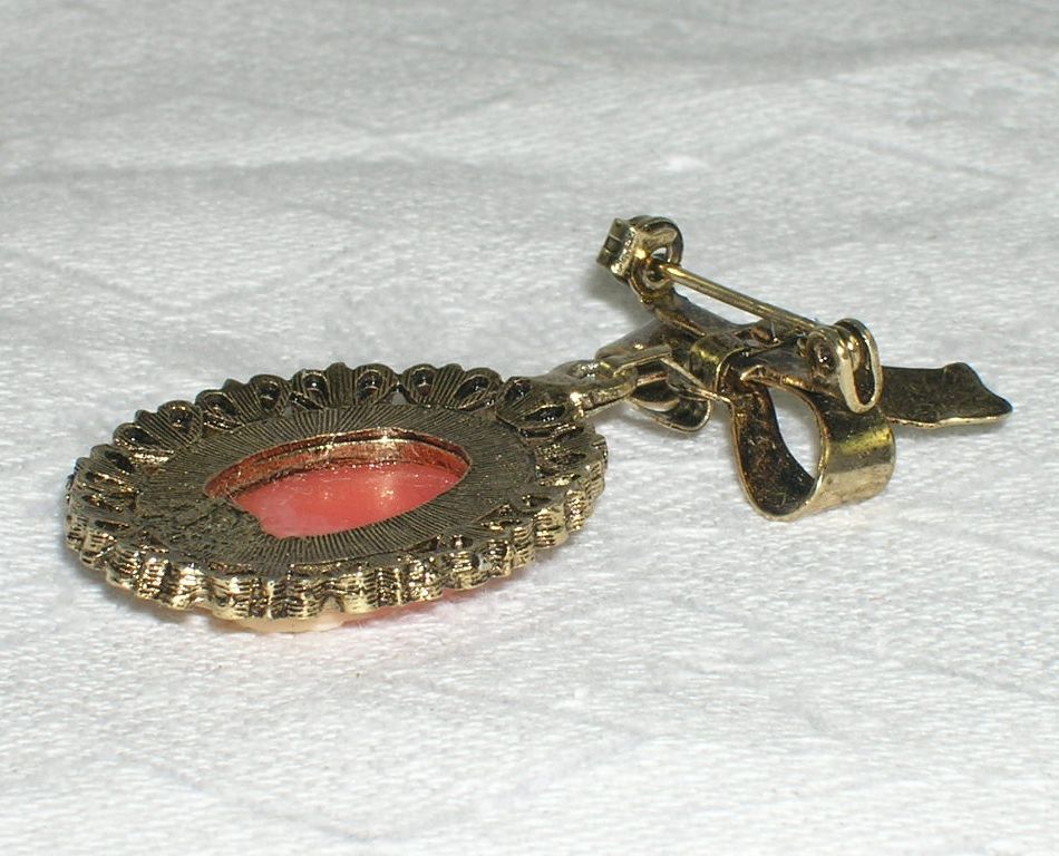 Vintage NOS Dangle Cameo Brooch Metal Ribbon Bow Vintage NOS Dangle Cameo Brooch Metal Ribbon Bow