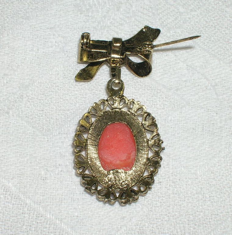 Vintage NOS Dangle Cameo Brooch Metal Ribbon Bow Vintage NOS Dangle Cameo Brooch Metal Ribbon Bow