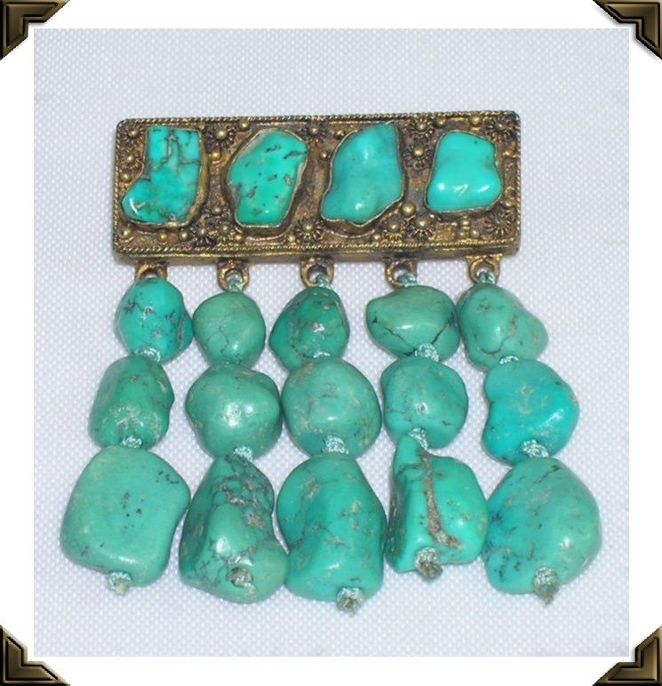 1920's - 1930's Chinese Silver Vermeil Cannetile Persian Turquoise Brooch Pin 1920's - 1930's Chinese Silver Vermeil Cannetile Persian Turquoise Brooch Pin