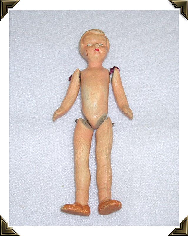 Miniature Bisque Boy Doll Jointed Molded Hair Painted Features Germany Miniature Bisque Boy Doll Jointed Molded Hair Painted Features Germany