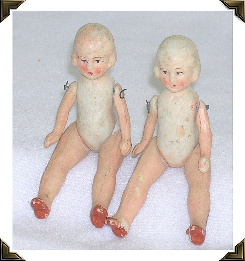Miniature Bisque Dolls Twins Jointed Molded Hair Painted Features Japan Miniature Bisque Dolls Twins Jointed Molded Hair Painted Features Japan