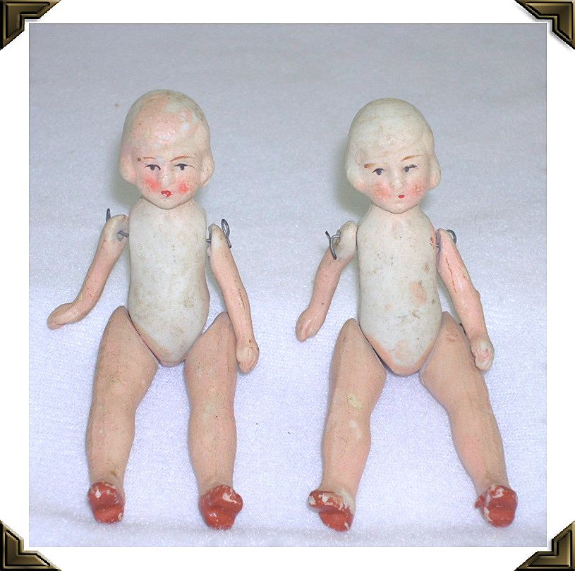 Miniature Bisque Dolls Twins Jointed Molded Hair Painted Features Japan Miniature Bisque Dolls Twins Jointed Molded Hair Painted Features Japan