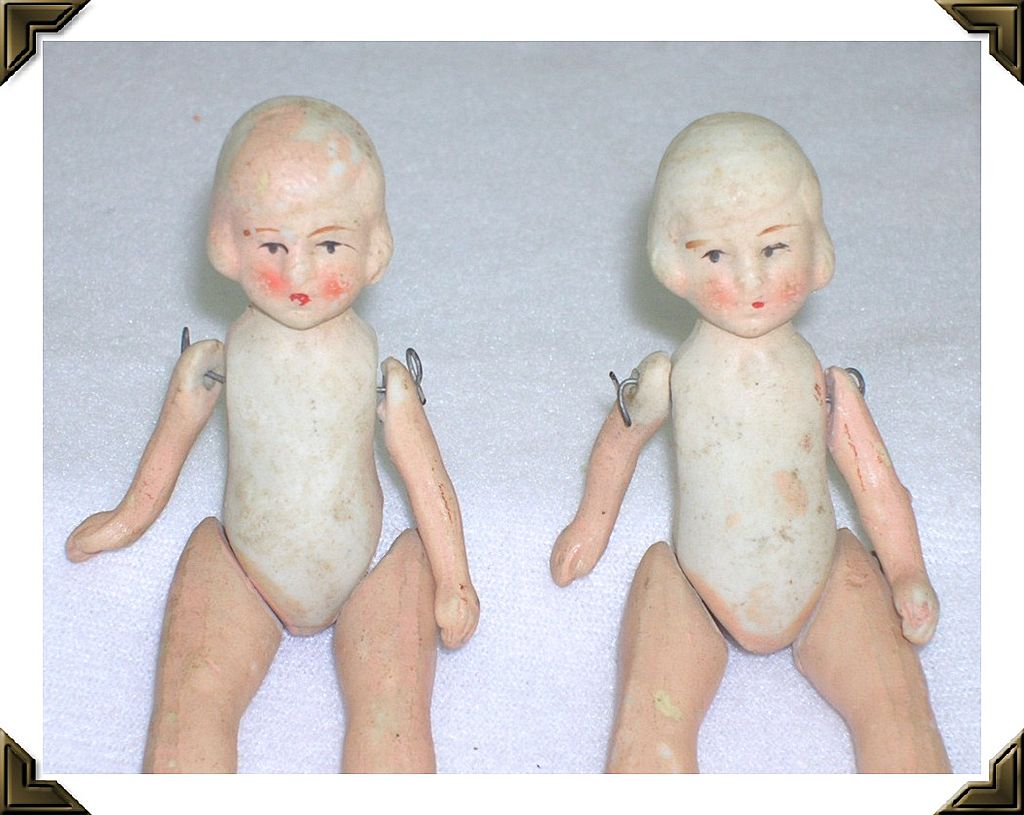 Miniature Bisque Dolls Twins Jointed Molded Hair Painted Features Japan Miniature Bisque Dolls Twins Jointed Molded Hair Painted Features Japan