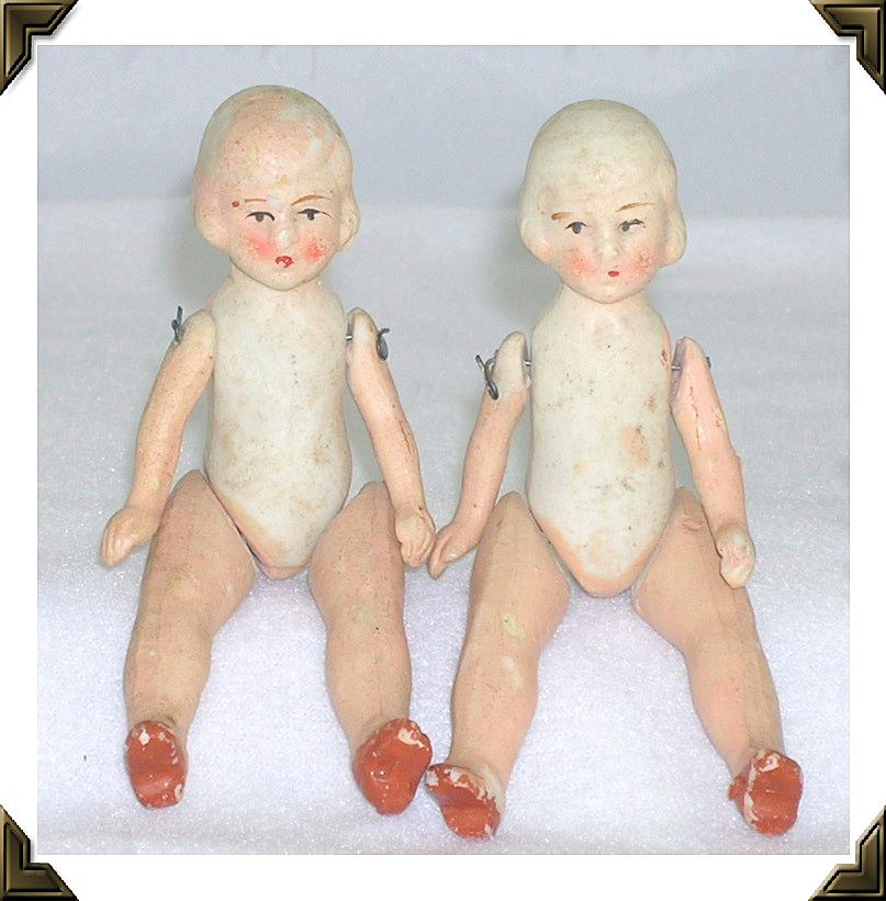 Miniature Bisque Dolls Twins Jointed Molded Hair Painted Features Japan Miniature Bisque Dolls Twins Jointed Molded Hair Painted Features Japan