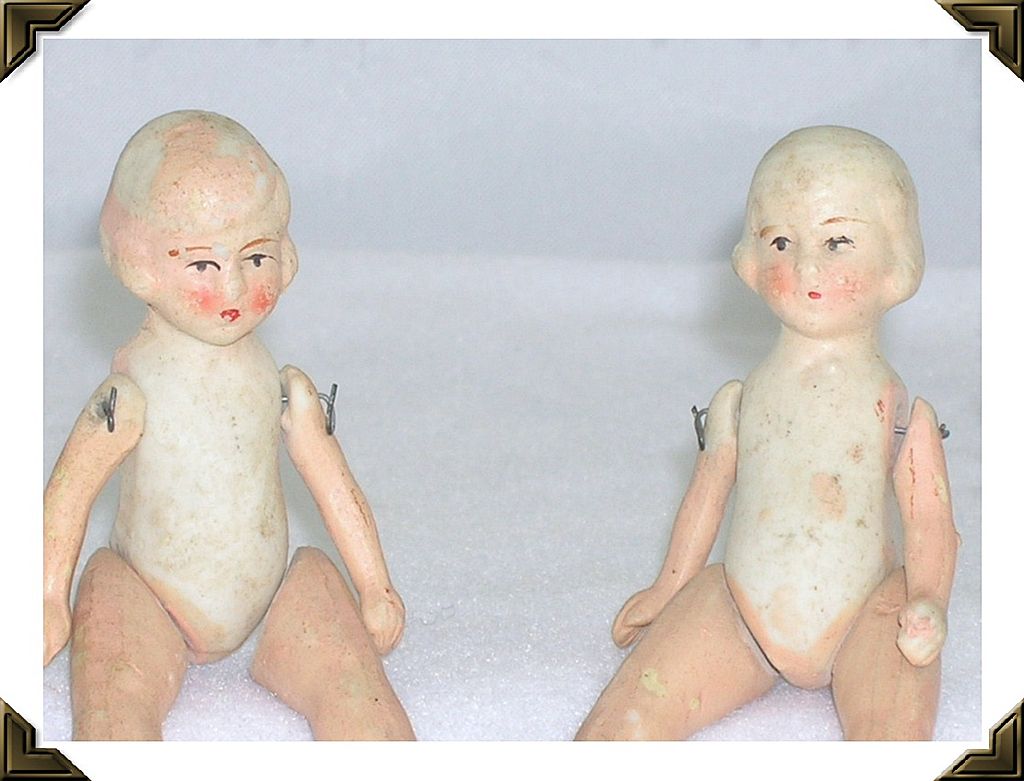Miniature Bisque Dolls Twins Jointed Molded Hair Painted Features Japan Miniature Bisque Dolls Twins Jointed Molded Hair Painted Features Japan