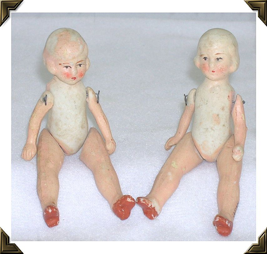 Miniature Bisque Dolls Twins Jointed Molded Hair Painted Features Japan Miniature Bisque Dolls Twins Jointed Molded Hair Painted Features Japan