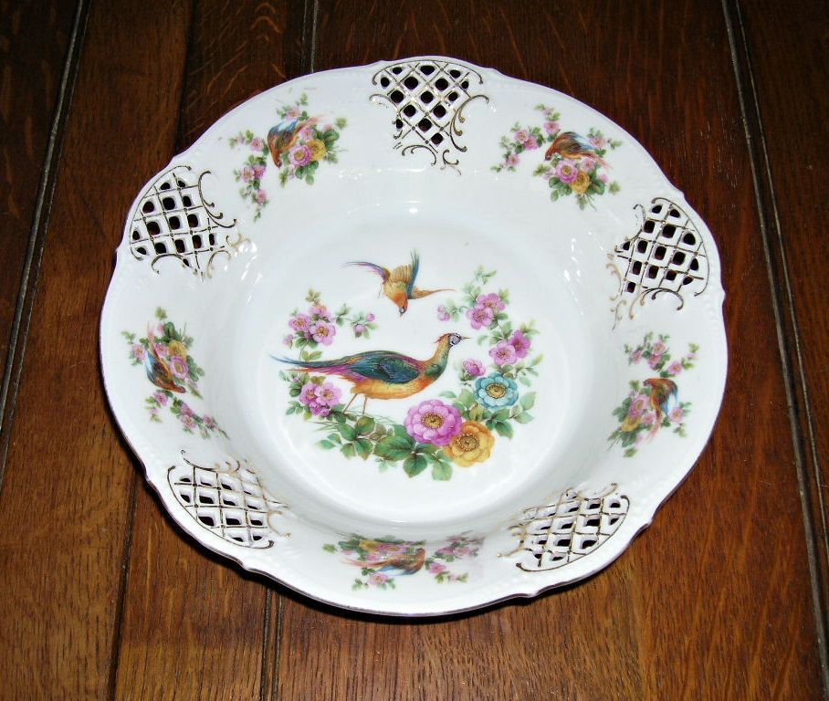 Schumann Dresden Germany Bowl Reticulated Phoenix Birds Flowers Schumann Dresden Germany Bowl Reticulated Phoenix Birds Flowers