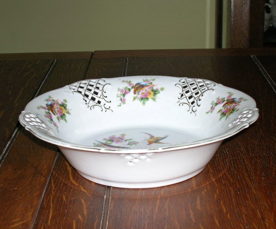 Schumann Dresden Germany Bowl Reticulated Phoenix Birds Flowers Schumann Dresden Germany Bowl Reticulated Phoenix Birds Flowers
